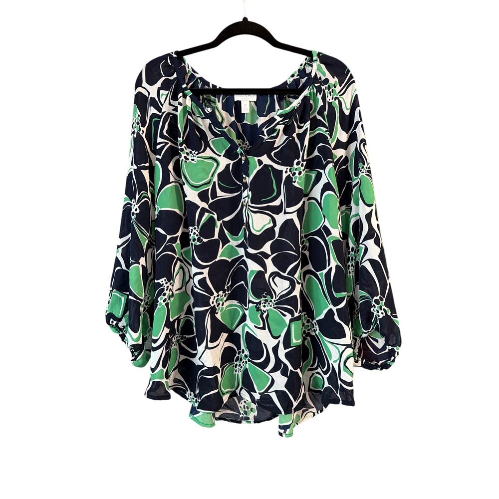 Charter Club Women's Plus Size Cream Blue Green Abstract Blouse Size 3X